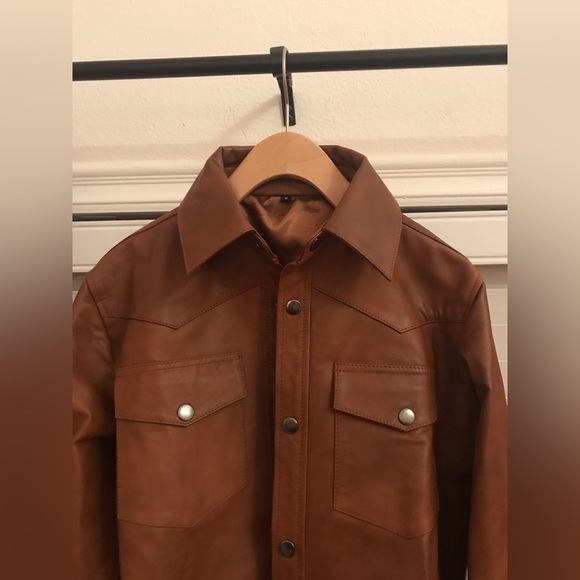 Mens Brown Leather Western Style Shacket (Shirt/Jacket) - Picture 2 of 8